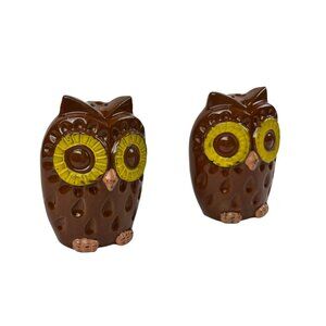 Vintage Owl Salt And Pepper Shakers Set Large Brown Yellow Eyes Ceramic